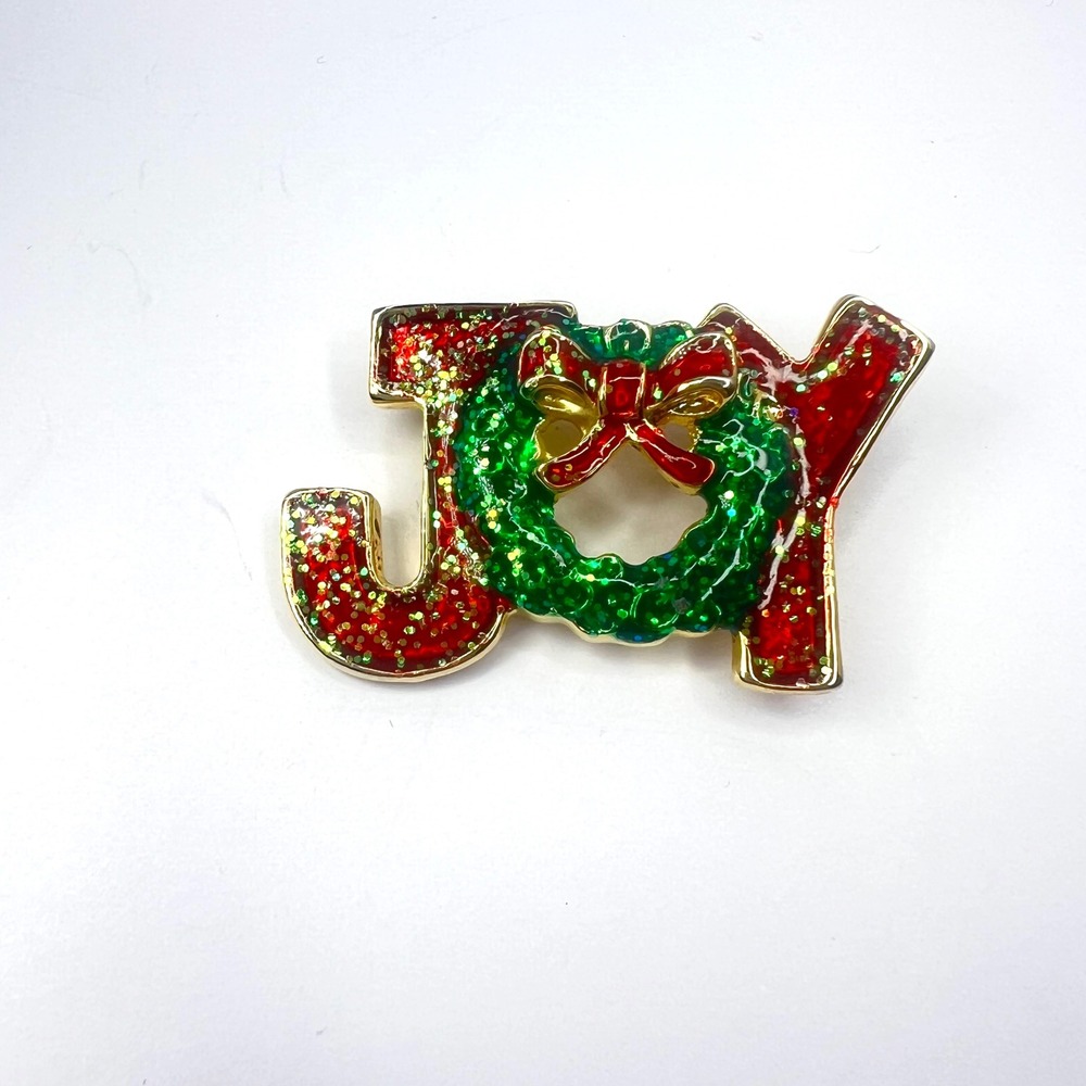 Vintage AAI Christmas Brooch JOY Enamel Glitter Red Green Gold Tone‎ Signed Pin